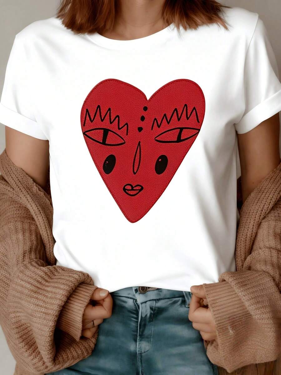 Red Heart With Symbolic Face Expressing Duality Between Love And Thought, Abstract Lines And Deep Gaze Conveying Modern And Mystical Energy. Elegant Casual Women's T-Shirt For Everyday Wear. - 白色 - 查看 1