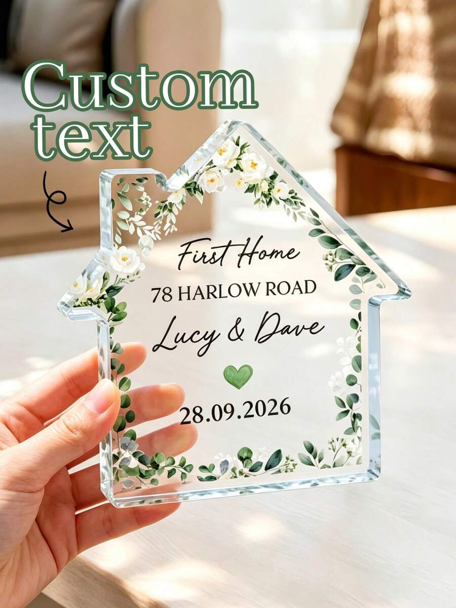 1pc Custom Eucalyptus Floral First Home Clear Acrylic Plaque, Personalized Name Address Date House Stand, Housewarming Closing Gift For Couple New Homeowners, Wedding/Anniversary Desk Decor Keepsake - Multicolor - View 1