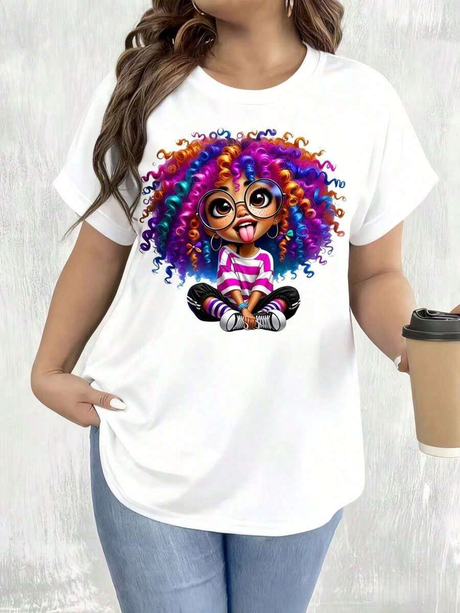Women's Casual T-Shirt, White, With Colorful Curly-Haired Girl Print With Glasses And Striped Outfit, For Everyday Wear And Coffee Breaks, Leisure At Home And Outdoors, Black And White Short Sleeve T-Shirt, Party Gift, Round Neck, 100% Cotton, Soft Fabric, Short Sleeve - 白色 - 查看 1