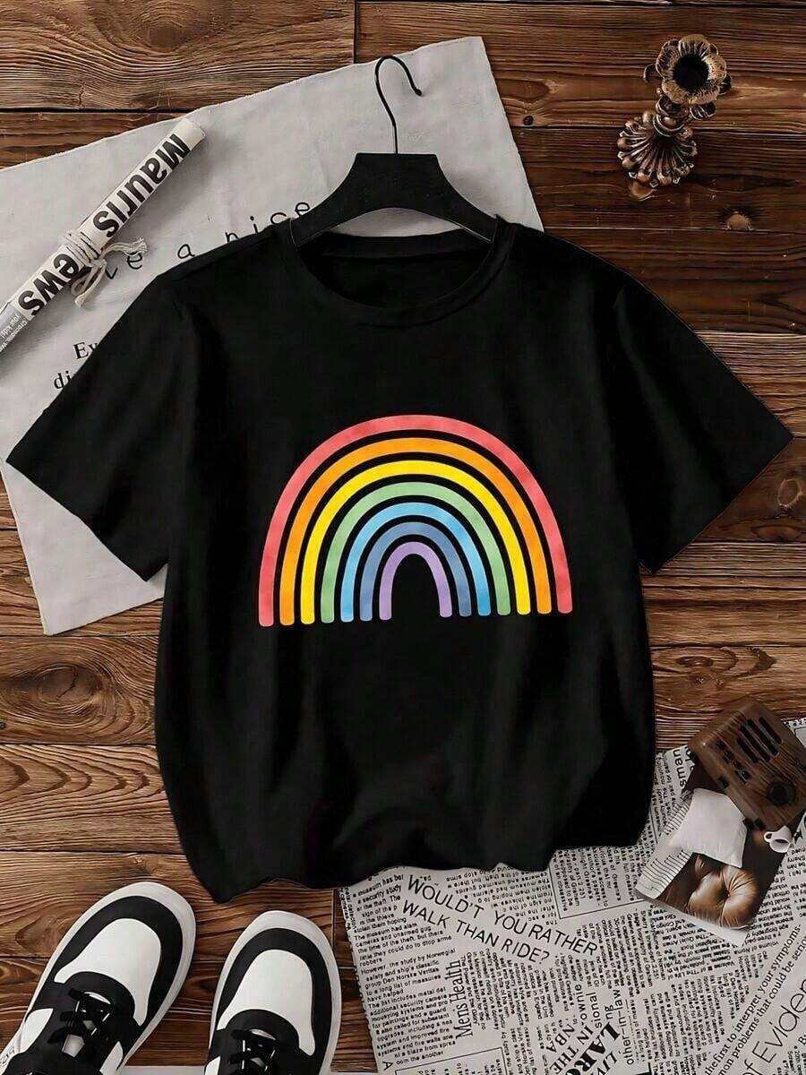 Playera de algodón 100% para mujer con estampado arcoíris colorido, manga corta, cuello redondo, estilo casual moderno y cómoda para uso diario en primavera y veranoSuitable for spring, summer and autumn - Negro - Ver 1