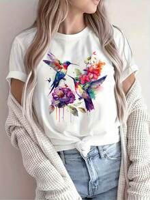 Camiseta Casual de Manga Corta para Mujer - Blusa con Estampado Abstracto de Colibrí y Flores, Transpirable, Semitransparente, Cuello Redondo, Tela de Elasticidad Media para Comodidad en Todas las Temporadas, Lavable a Máquina, para Atuendos Casuales o Elegantes (Corte Regular)--Camiseta de algodón suave, cómoda y holgada para uso casual. - Blanco - Ver 6
