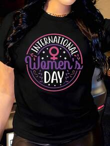 Casual T-Shirt For Women's Day, Design With Women's Day Celebration Symbol, Short Sleeve Casual T-Shirt With Round Neck, Perfect As A Birthday Gift, Suitable For Wear In All Seasons, For Daily Outdoor Use, 100% Cotton, Durable - 黑色 - 查看 6