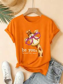 Camiseta de Verano de Alta Gama para Mujer, Camiseta de Manga Corta con Diseño Novedoso, Estilo Deportivo Casual con Cuello Elástico, 100% Algodón, Estampado de Jirafa con Gafas Adorables, Crea Tu Propio Estilo, Top Casual Artístico, Moda Sencilla y , Éxito de . - Verde - Ver 8