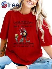 High-Quality Women's Summer T-Shirt With Funny Chicken Print And Funny Text, Fashionable Women's T-Shirt, Short Sleeve, Round Neck, Casual Style For Spring And Summer, Simple And Unique Fashionable Outfit, Perfect For Holiday Gifts And Daily Wear, Breathable And Comfortable. - 紅色 - 查看 12