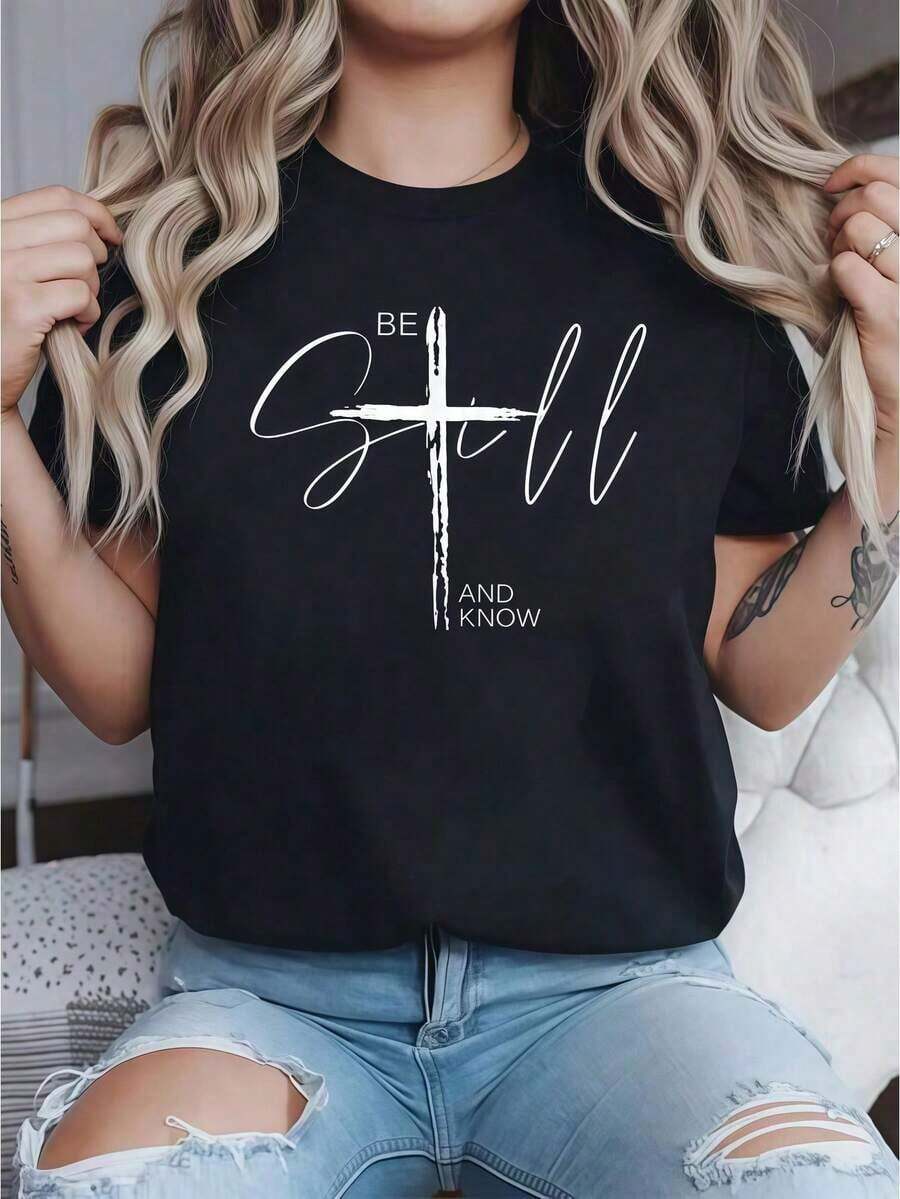 1 Piece Of Black T-Shirt With Cross Print And Religious Quote For Women, Unisex Casual Style, Round Neck, Lightweight Fine Knit Fabric, Machine Washable, For Spring/Summer/Autumn, Easter/Christmas/Valentine's Day, 180g, 100% Cotton. - 黑色 - 查看 1