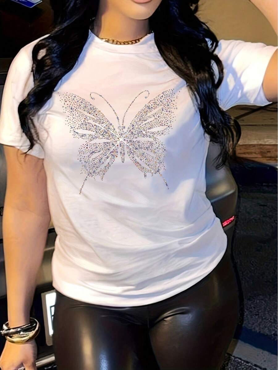 Vibrant Butterfly Graphic Print Crew Neck Short Sleeve T-Shirt - Soft Mid - Semi-Sheer, Regular Length, Machine Washable, Perfect For Summer And Spring - Womens Casual Wear - White - View 1