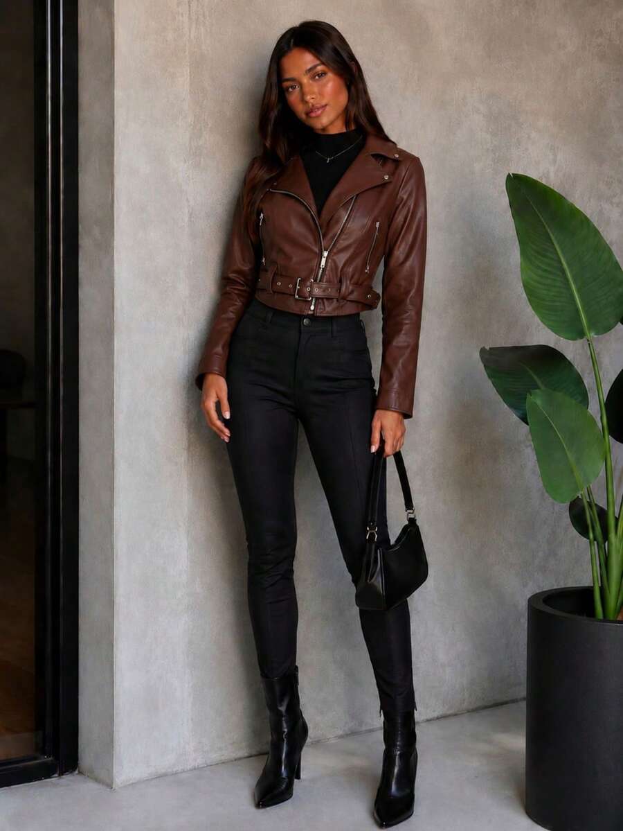 Women's Cropped Jacket In Premium Faux Leather With Belt And Zipper - Fashion - Rust Brown - View 1