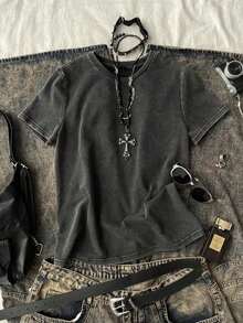 1 Piece Of Women's Casual Short-Sleeved Loose-Fitting Washed T-Shirt, Vintage Style, Y2K, Grunge Shirt, 180g, 100% Cotton. - 黑色 - 查看 1