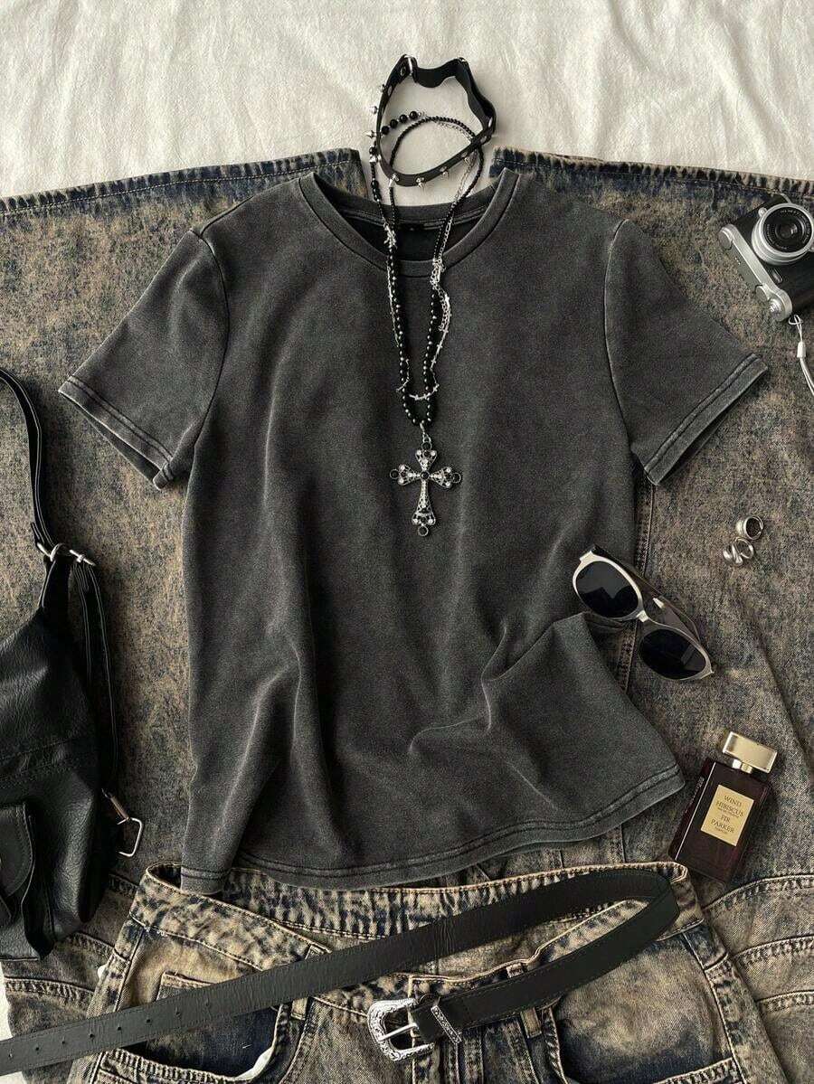 1 Piece Of Women's Casual Short-Sleeved Loose-Fitting Washed T-Shirt, Vintage Style, Y2K, Grunge Shirt, 180g, 100% Cotton. - 黑色 - 查看 1