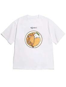 ropa de mujer Camiseta Oversize con Estampado de Tazón de Arroz y Gato Lindo |   Suaves y relajantes, ideales para primavera/verano, estilo casual, camisas de mujer - Blanco - Ver 2