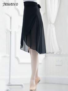 balletto 雪紡中長芭蕾舞裙 女款一體式繫腰純色舞蹈表演裙 練習運動裙 Balletcore 黑色 秋季 - 黑色 - 查看 1