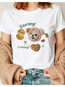 Suave y moderna camiseta de manga corta holgada para mujer, con estampado de letras 2I01, cuello redondo, adecuada para todas las estaciones, casual y versátil, blusas elegantes para mujer. - Blanco - Ver 7