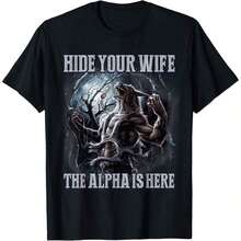 Men's Retro T-Shirt With Funny Meme Print 'Hide Your Wife, The Alpha Is Here' Wolf Design, Short Sleeve, Plus Size, Classic Thick Cotton, Graphic Print T-Shirt, Casual Short Sleeve Top For Women - 白色 - 查看 1