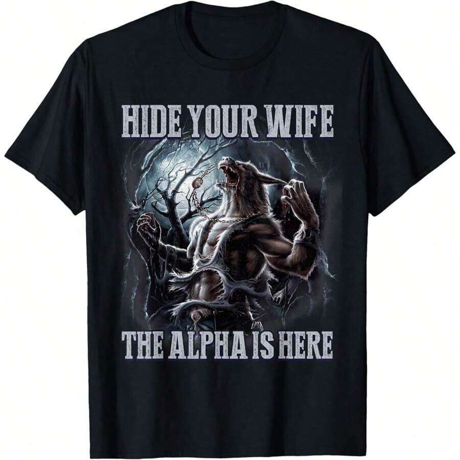 Men's Retro T-Shirt With Funny Meme Print 'Hide Your Wife, The Alpha Is Here' Wolf Design, Short Sleeve, Plus Size, Classic Thick Cotton, Graphic Print T-Shirt, Casual Short Sleeve Top For Women - 白色 - 查看 1