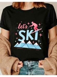 Women's Short-Sleeve Ski Top With Dark Color Accents, Soft And Breathable Fabric, Comfortable Fit, Casual Top Perfect For Skiing, Snowboarding, Winter Adventures, And Snow Enthusiasts. I01 Crew Neck Short-Sleeve Top, Suitable For All Seasons, Casual And Versatile. - 黑色 - 查看 1