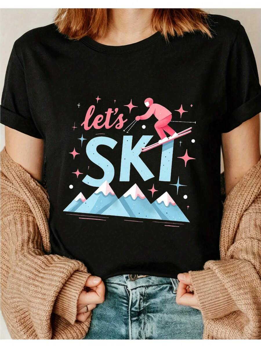 Women's Short-Sleeve Ski Top With Dark Color Accents, Soft And Breathable Fabric, Comfortable Fit, Casual Top Perfect For Skiing, Snowboarding, Winter Adventures, And Snow Enthusiasts. I01 Crew Neck Short-Sleeve Top, Suitable For All Seasons, Casual And Versatile. - 黑色 - 查看 1