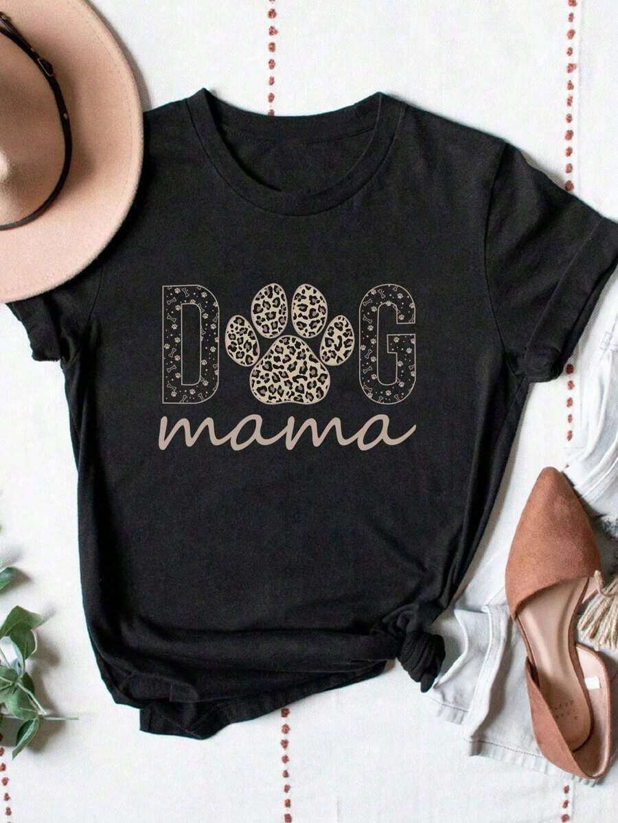 Dog Mom T-Shirt, Gift For Dog Mom, Short Sleeve Crew Neck T-Shirt For Women Dog Lovers, Cheetah Print T-Shirts, Women's-Unisex Tops, Suitable For Casual Daily Outings, Summer Short Sleeve T-Shirt, Retro Y2K Print T-Shirt. - 黑色 - 查看 1
