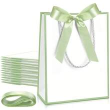 10 Pcs /1pcWedding Paper Gift Bags With Handle 9x7x3.15'' Thank You Gifts Bags With Ribbon Bow Bridal Shower Gifts For Baby Shower Graduation Holiday Birthday Party Supplies (White,Sage Green) - White, Sage Green - View 9
