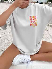 [Double-Sided Print] Women's Casual Summer Loose Fit T-Shirt, Vintage Disco Ball Ring Print "HERE COMES THE BRIDE", Round Neck, Short Length, Drop Shoulder, Pure Cotton Oversized T-Shirt, Elegant Party Outfit, T-Shirt For Elegant Ladies, Blouses Suitable For Curvy Women, Prom Skirts, Casual Wear - 白色 - 查看 2