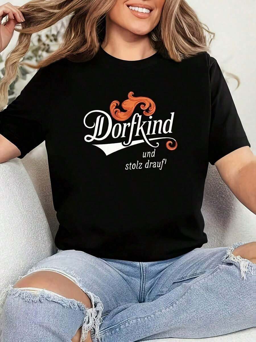 Men's Black Short-Sleeved T-Shirt With A Round Neck And The Phrase "Dorfkind Und Stolz Drauf!" Print | Casual Style, Comfortable Fit, Suitable For All Seasons, Machine Washable, Modern Design, Soft Fabric - 黑色 - 查看 1