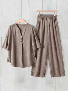 Conjunto informal de top con cuello en pico y pantalones de unicolor - Marrón - Ver 1