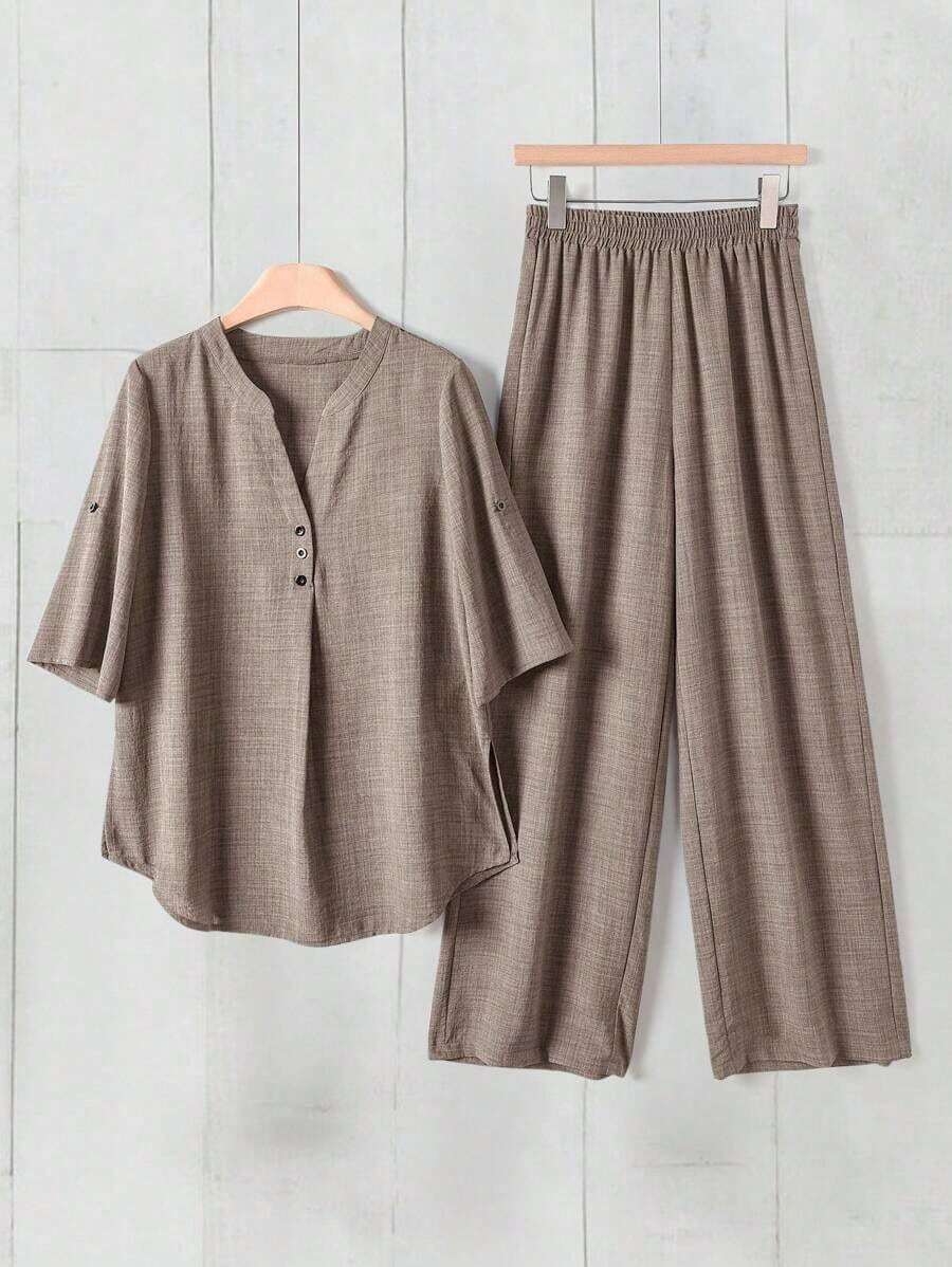 Conjunto informal de top con cuello en pico y pantalones de unicolor - Marrón - Ver 1