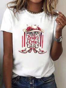 Women's 100% Cotton Cowboy Print T-Shirt - Western Style - Designed To Wear With Boots - Short Sleeve And Crew Neck | Casual Spring And Summer Outfits | Cowboy Themed Clothing | Machine Washable Regular Fit Blouse For Western Wear And Everyday Style - 白色 - 查看 1