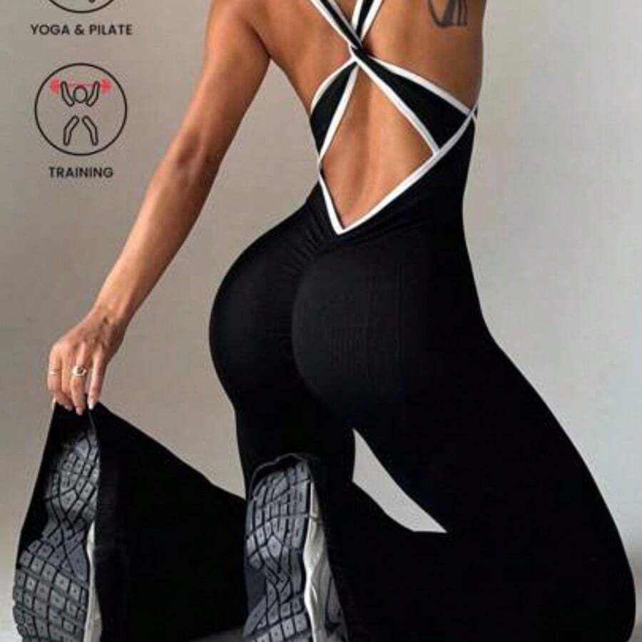 Slayform 1pc Leopard Print Twisted Back Deep V Flare Jumpsuit Leopard Jumpsuit Flared Leggings Jumpsuit Flare Yoga Jumpsuit Pink Leopard Print Jumpsuit Pink Cheetah Print Jumpsuit Flared Cheetah Print Jumpsuit Jumpsuit For Women Workout - Blanco y Negro - Ver 1