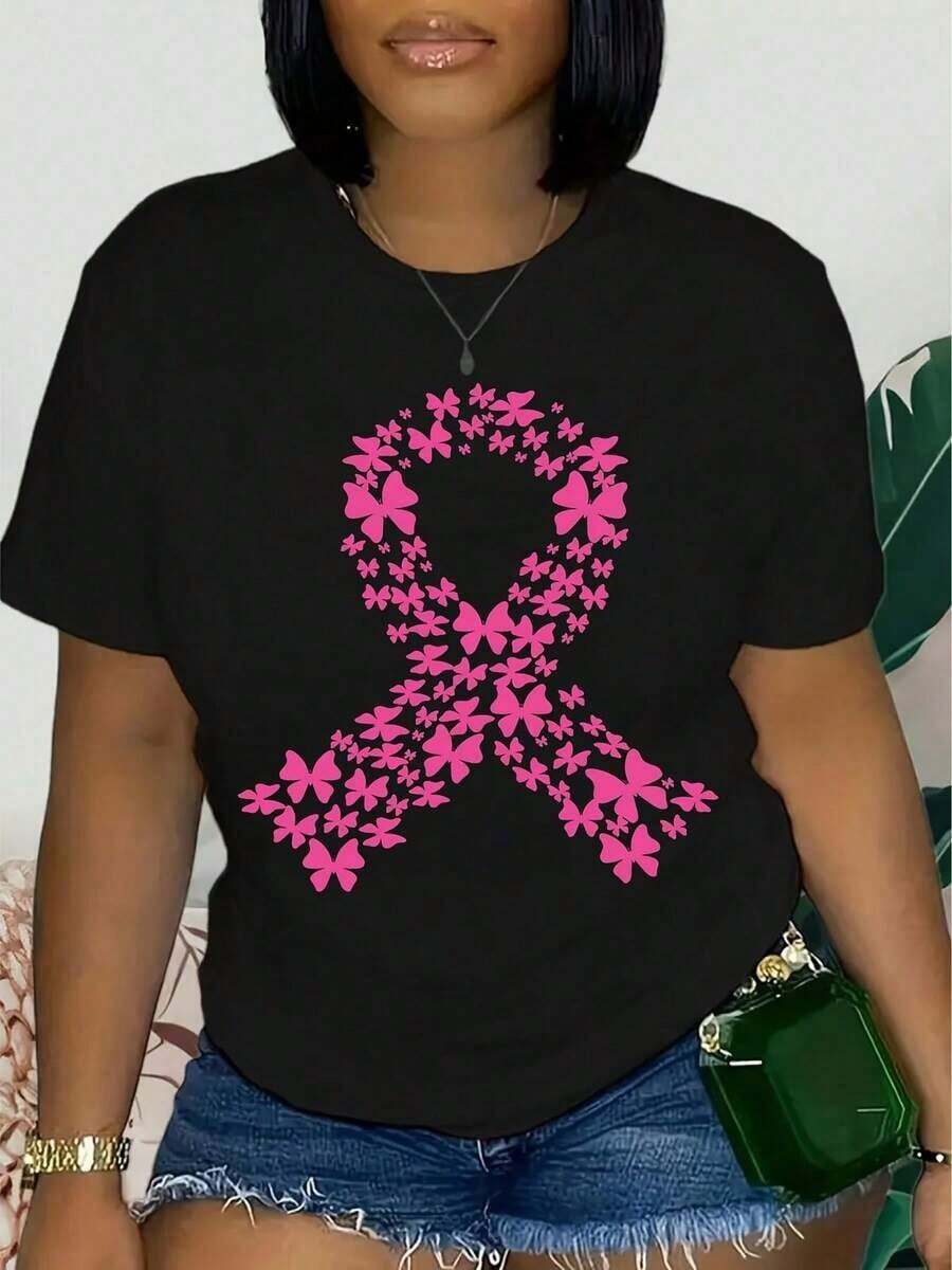 Women's T-Shirt With Pink Bow Print, Short Sleeves, Round Neck, Casual Style, 100% Fabric, Regular Length, Suitable For All Seasons. - Black - View 1