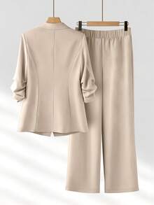 Conjunto de mujer primavera/verano ligero para ir al trabajo con blazer de diseño plisado, manga 3/4, holgado, de un solo pecho, un botón, con bolsillos reales y pantalones largos - Albaricoque - Ver 2