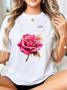 Limited Time Offer, Limited Quantity Available, Flash , Women's Shirts, Women's T-Shirts. Women's Oversized White T-Shirt, Short Sleeve, Round Neck, Pink Rose Print With Gold And Graffiti Details, Casual Elegant Style For Everyday Wear - 白色 - 查看 2
