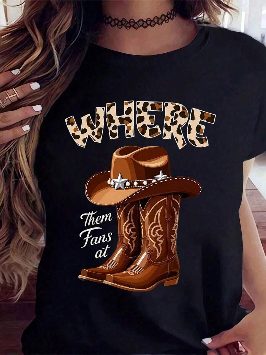 Women's Clothing White Printed T-Shirt With Cowboy Hat And Boots, Leopard Print Text And Western Theme, For Country Music Festivals And Outdoor Events, Women's Shirts - 黑色 - 查看 1