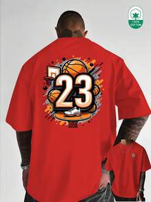 Heavyweight Pure Cotton T-Shirt With A Round Neck, Featuring A Creative Basketball Number And Letter Print On The Front And Back. This  Urban Fashion Item For Men Is Casual And Versatile, Perfect For #Commuting #Leisure #Home #Office - [紅色的] - 查看 1