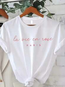 Camiseta Casual de Mujer con Estampado Gráfico de París - Estampado Cursivo, Blanca con Letras Rosadas, Patrón Geométrico, Elasticidad Media, Lavable a Máquina, Top de Primavera/Verano, Camisetas para Mujer, Material No Transparente, Estilo Casual, Diseño Bonito, Tela Transpirable, Blusa Elegante, Mujerblusas para mujer>ropa - Blanco - Ver 1