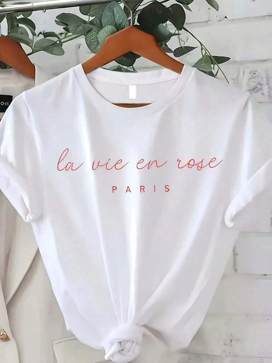 Camiseta Casual de Mujer con Estampado Gráfico de París - Estampado Cursivo, Blanca con Letras Rosadas, Patrón Geométrico, Elasticidad Media, Lavable a Máquina, Top de Primavera/Verano, Camisetas para Mujer, Material No Transparente, Estilo Casual, Diseño Bonito, Tela Transpirable, Blusa Elegante, Mujerblusas para mujer>ropa - Blanco - Ver 1
