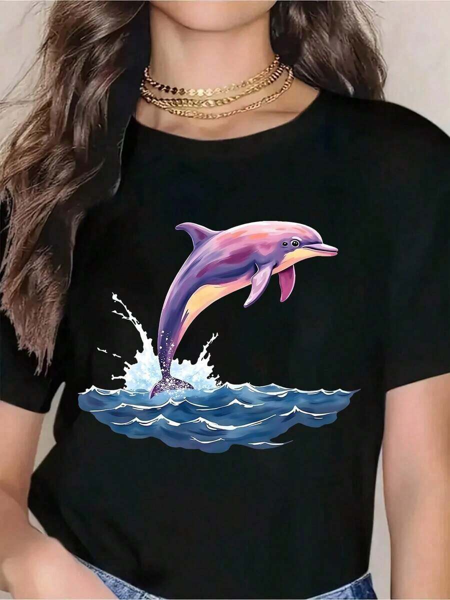 Women's Premium T-Shirt With Dolphin Jumping Graphic Print - Cute Animal Print, Summer Top, Casual Beachwear, Ocean Themed T-Shirt For Vacation And Everyday Wear. Gift Idea. - 黑色 - 查看 1