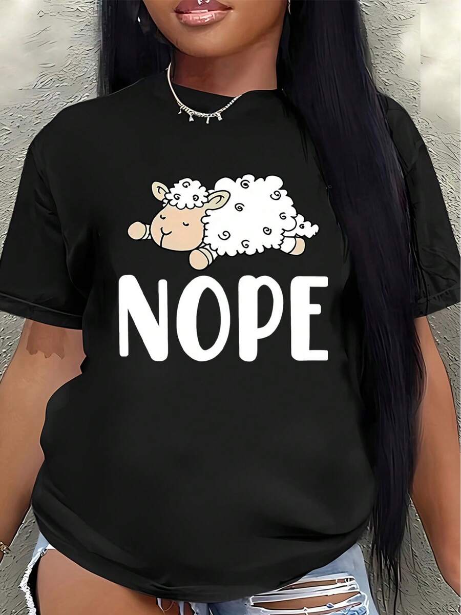 Lightweight And Durable Short-Sleeved T-Shirt Printed With The Word "NOPE" And A Sheep Design, Perfect For Casual Wear At Home, In The Office, Or At A Restaurant. Women's Blouses > Clothing - 黑色 - 查看 1