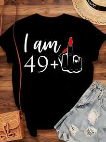 Women's Cotton T-Shirts, "I Am 49 Plus One Year Old Birthday Shirt For Women" Funny Celebration Gift T-Shirt, Birthday Party Wear Casual Top, Basic Women's Blouses - 黑色 - 查看 3