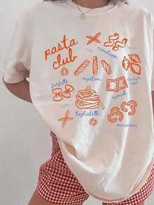 Yuega 1 Piece T-Shirt, Pasta T-Shirt, Foodie T-Shirt, Gift For Pasta Lovers, Italian Girls, Pasta Club, Pasta Pes, Retro Graphic, Chic Granny Style, 180G Pure Cotton T-Shirt - The Best Gift For Parents, Siblings, And More, Suitable For Any Occasion, Daily Wear And Casual Activities, Summer Clothes, Tops - 白色 - 查看 6