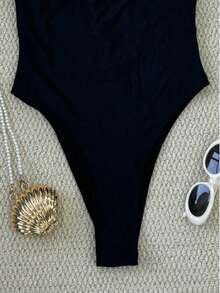 Elegant Black One-Piece Swimsuit With Thick Shoulder Straps For Women, Stylish And Casual, Perfect For Spring And Summer Beach Getaways And Parties - Black - View 6