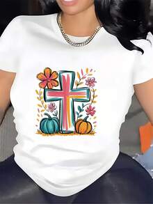 Women's Short Sleeve T-Shirt - Round Neck Top With Goddess Cross Floral Print And Pumpkin, Suitable For Casual Office Wear, New Year's And Easter Gift, Machine Washable Crop Top, Year-Round Basic T-Shirt - Unisex Loose Fit Cotton Short Sleeve Round Neck Urban Vintage Style T-Shirt. - 白色 - 查看 1