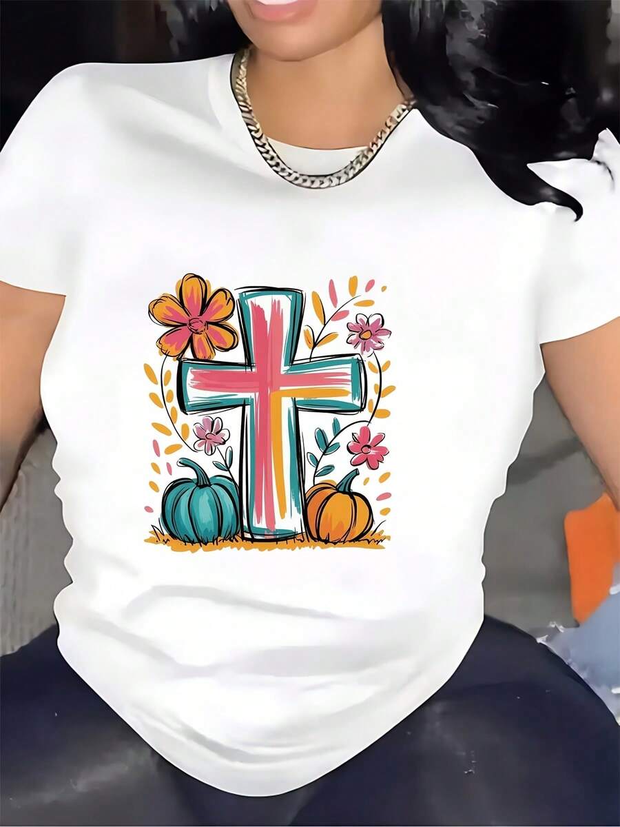 Women's Short Sleeve T-Shirt - Round Neck Top With Goddess Cross Floral Print And Pumpkin, Suitable For Casual Office Wear, New Year's And Easter Gift, Machine Washable Crop Top, Year-Round Basic T-Shirt - Unisex Loose Fit Cotton Short Sleeve Round Neck Urban Vintage Style T-Shirt. - 白色 - 查看 1