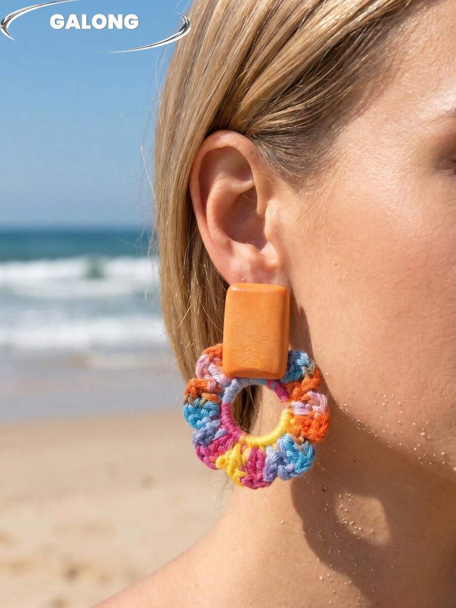 Bohemian Style Handmade Crochet Earrings, Multicolor Tassel Large Earrings, Summer Beach Photo Accessories