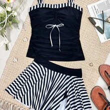 Women's Tankini 2026, Striped Print With Lace-Up And Slit Skirt, Moderate Coverage Style - JY1093-bK - View 5