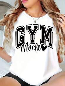 Camiseta gráfica 'GYM Mode' rosa para mujer - Cuello redondo casual, manga corta, ligera y transpirable, poliéster para primaveraverano, lavable en máquina, camiseta deportiva de ropa de calle - Blanco - Ver 8