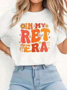 100% Cotton. White T-Shirt With The Phrase "Groovy In My Rbt Era" Printed On It, Casual Short-Sleeved Crew Neck T-Shirt For Women - Perfect For Festive Seasons And Outdoor Activities - Stylish Printed T-Shirt - MZCN TRADING LIMITED - Casual Everyday Wear. Women's Simple Solid Color T-Shirt, Loose And Slim Fit Casual Short Sleeve - 白色的 - 查看 1