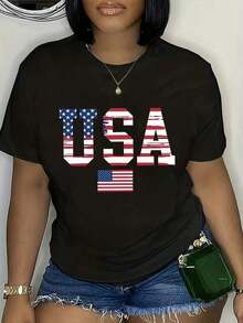 Camiseta de manga corta con cuello redondo y diseño de la bandera de EE. UU., apta para lavado a máquina. - Negro - Ver 2