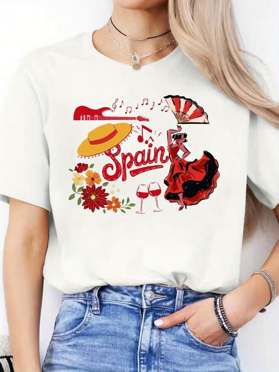 Blusa casual para mujer con estampado de letras en español, camiseta casual de primavera/verano, camiseta deportiva de manga corta con cuello redondo, tops de algodón para mujer. - Blanco - Ver 1