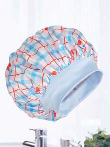 1 Stück blau karierter Kirschprint Satin Haarbonnet, breites elastisches Band Schlafkappe, weiche seidige Nachtkappe für lockiges Haar, Haarpflege Kopfbedeckung für Frauen - Babyblau - Übersicht 5