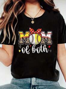 100% Cotton Cute Game Day Leopard Baseball Softball Mom Life Mom Of Both Happy Funny Print Women's Gift T-Shirt, Round Crew Neck Soft Short Sleeve T-Shirt For Spring Summer, Fun Graphic Tops T-Shirts For Women - 黑色 - 查看 7